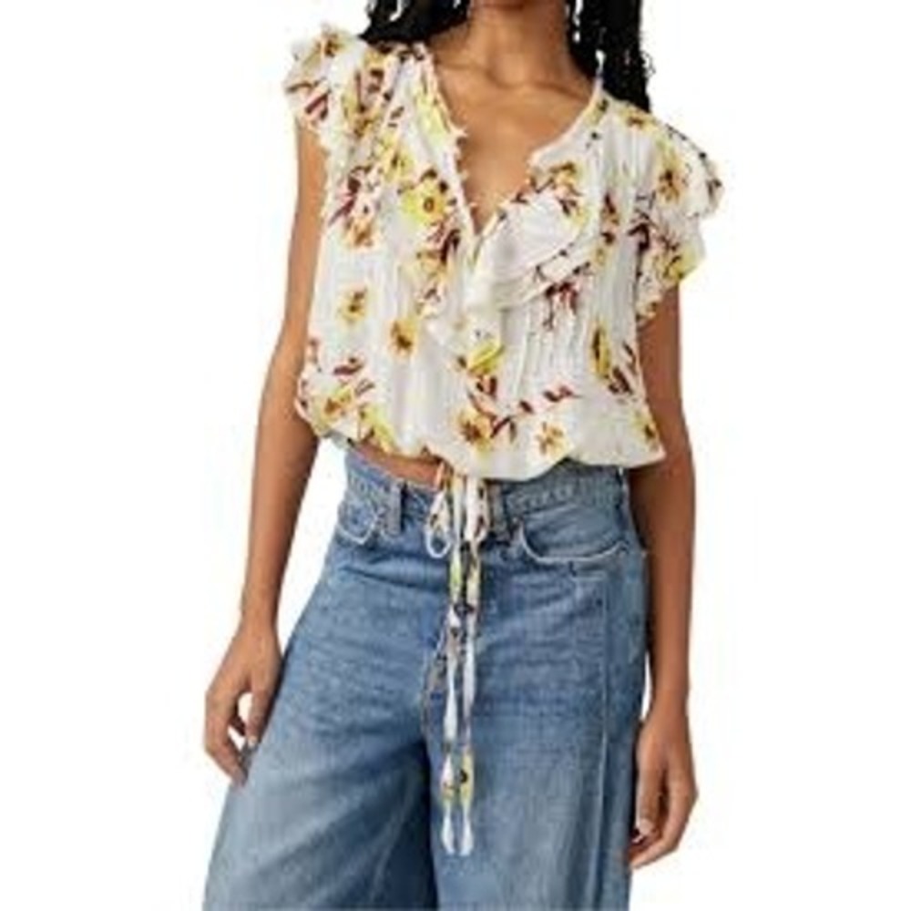 Free People Blouse Womens Small White‎ Floral FP One Adella Ruffle Boho Top